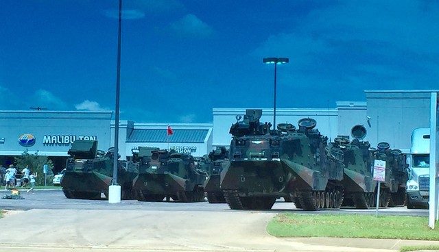 Jeanne's husband Paul snaps this pic near their home of the US Marine Corps in their Amphibious Assault Vehicles.